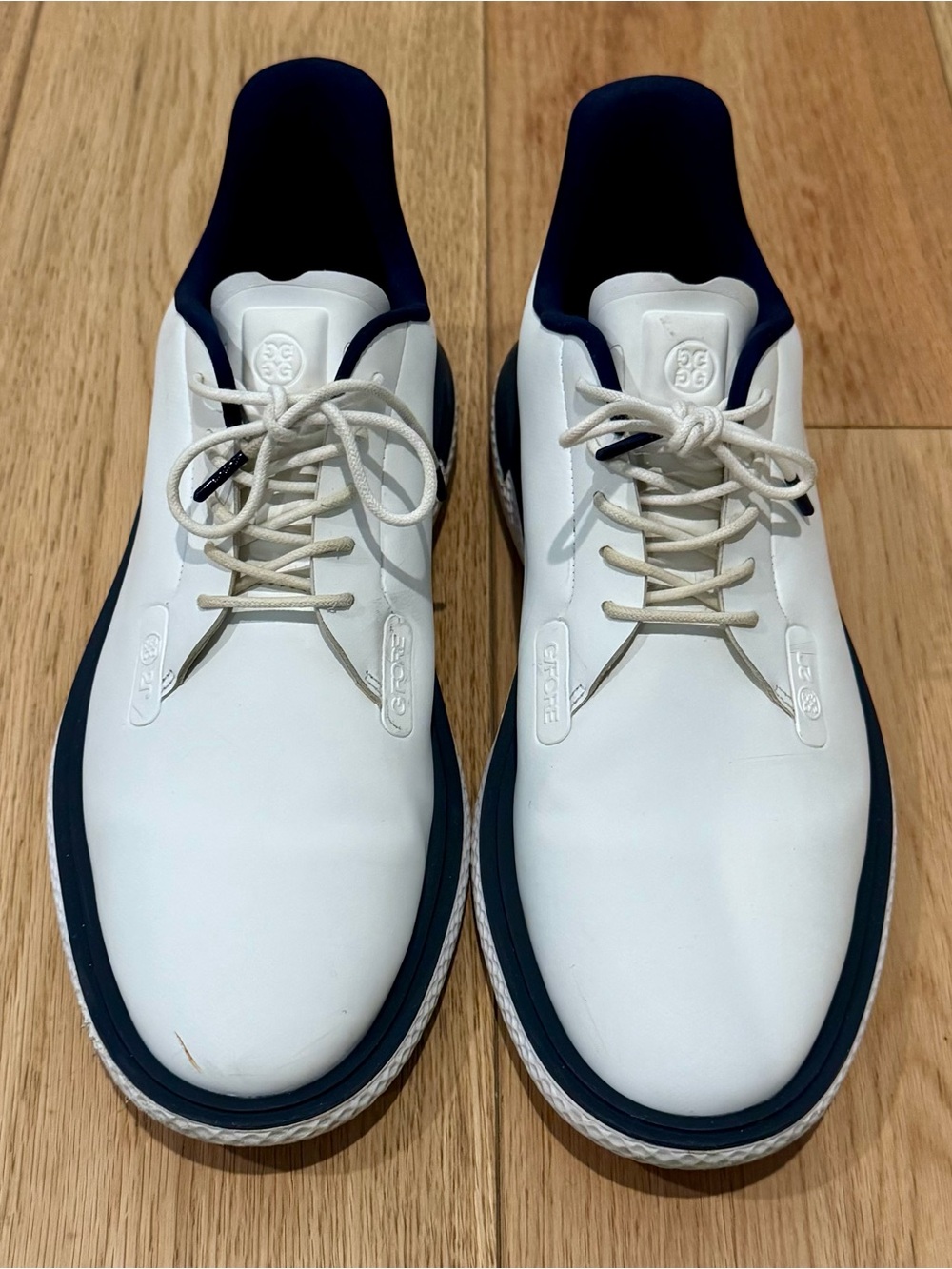 G/FORE White and Navy Leather Golf Shoes